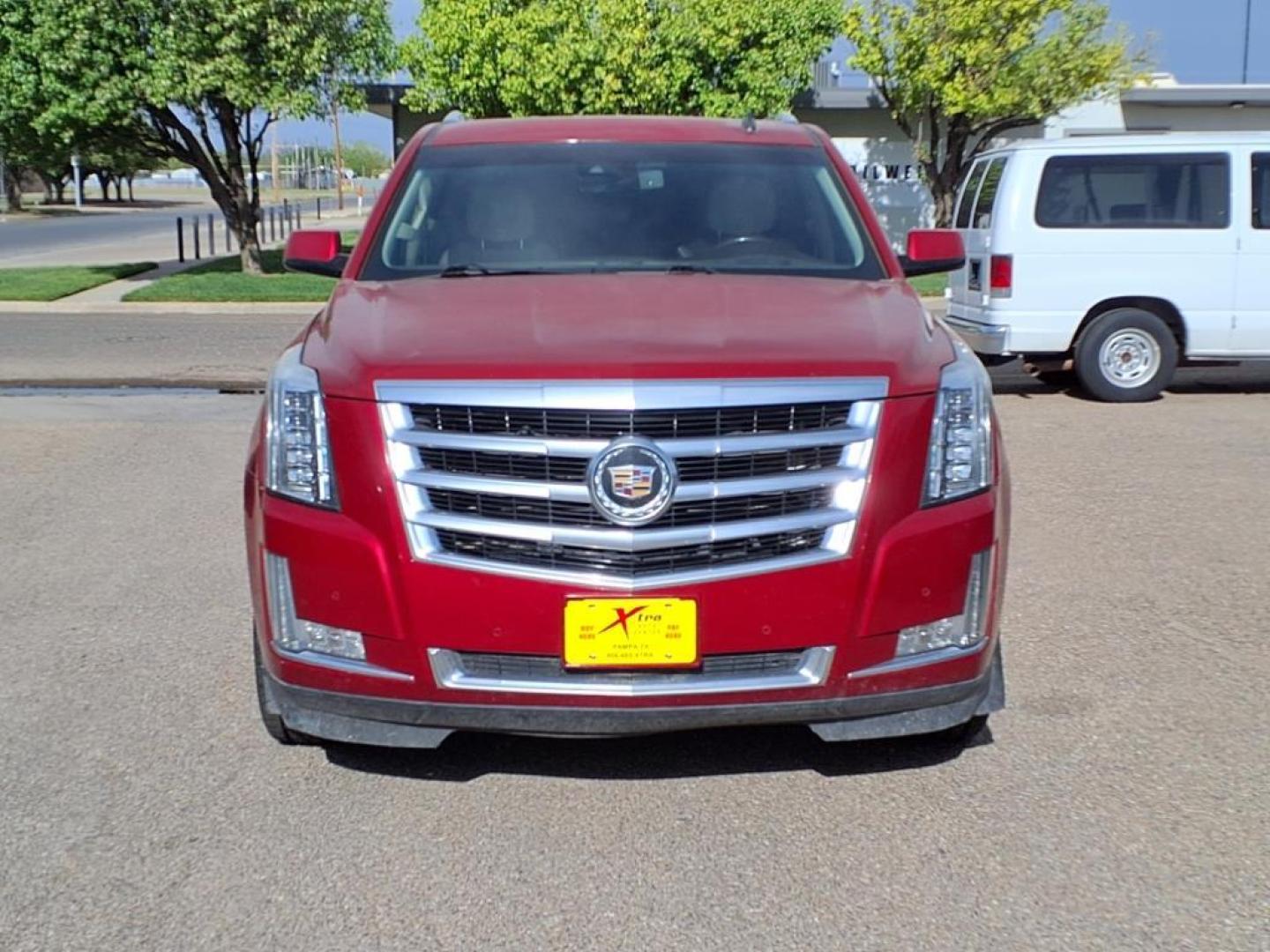 2015 Crystal Red Tintcoat Gbe Cadillac Escalade ESV Luxury (1GYS4HKJ8FR) with an 6.2L EcoTec3 6.2L V8 420hp 460ft. lbs. Direct Injection engine, 6-Speed Shiftable Automatic transmission, located at 1401 N. Hobart, Pampa, TX, 79065, (806) 665-9872, 35.549953, -100.975098 - Photo#1