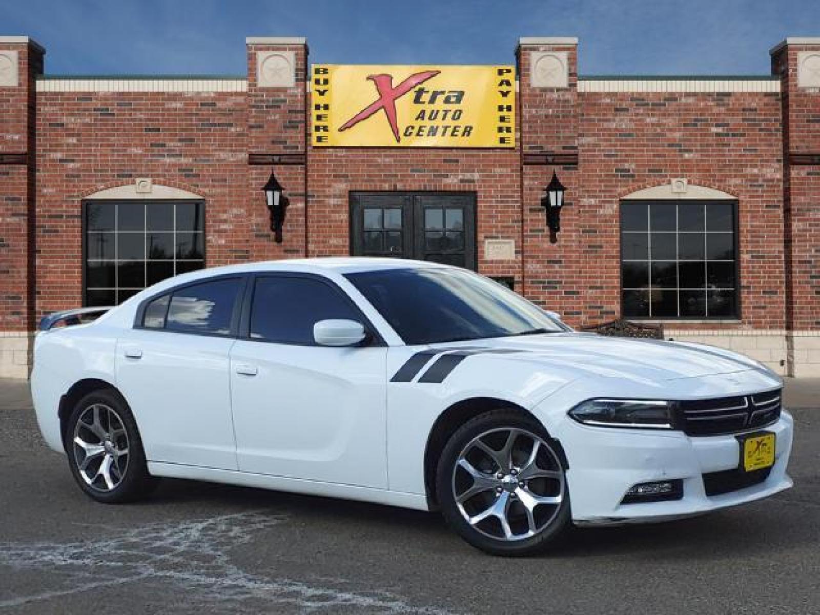 2015 Bright White Clear Coat Dodge Charger SE (2C3CDXBG9FH) with an 3.6L Pentastar 3.6L V6 292hp 2 Sequential Multiport Fuel Injection engine, 8-Speed Shiftable Automatic transmission, located at 1401 N. Hobart, Pampa, TX, 79065, (806) 665-9872, 35.549641, -100.971878 - Photo #0