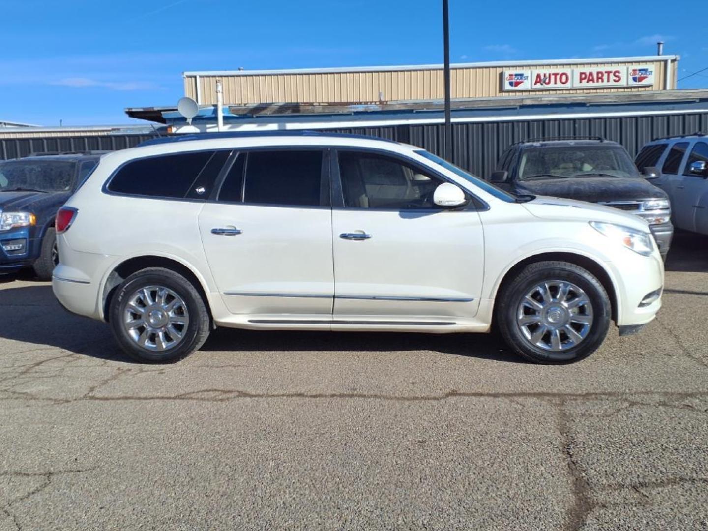 2013 White Buick Enclave Premium (5GAKRDKD1DJ) with an 3.6L 6 Cylinder Fuel Injected engine, Automatic transmission, located at 1401 N. Hobart, Pampa, TX, 79065, (806) 665-9872, 35.549953, -100.975098 - Photo#2